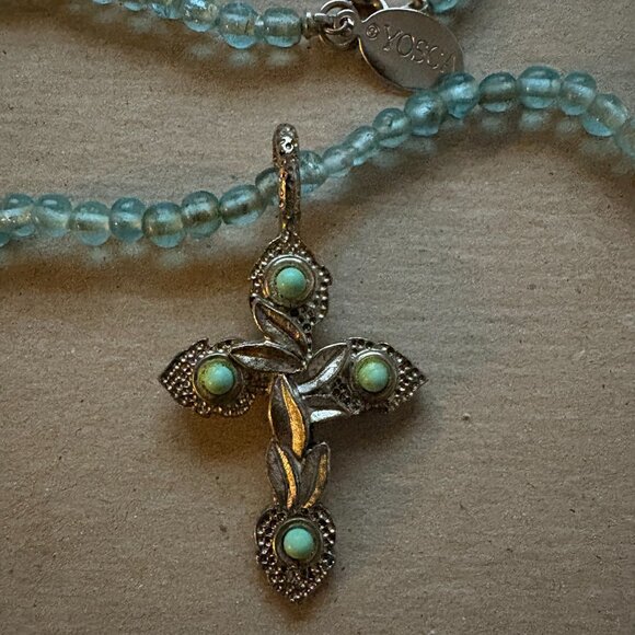 Gerard Yosca signed vintage aquamarine bead necklace with silver cross - Picture 7 of 9